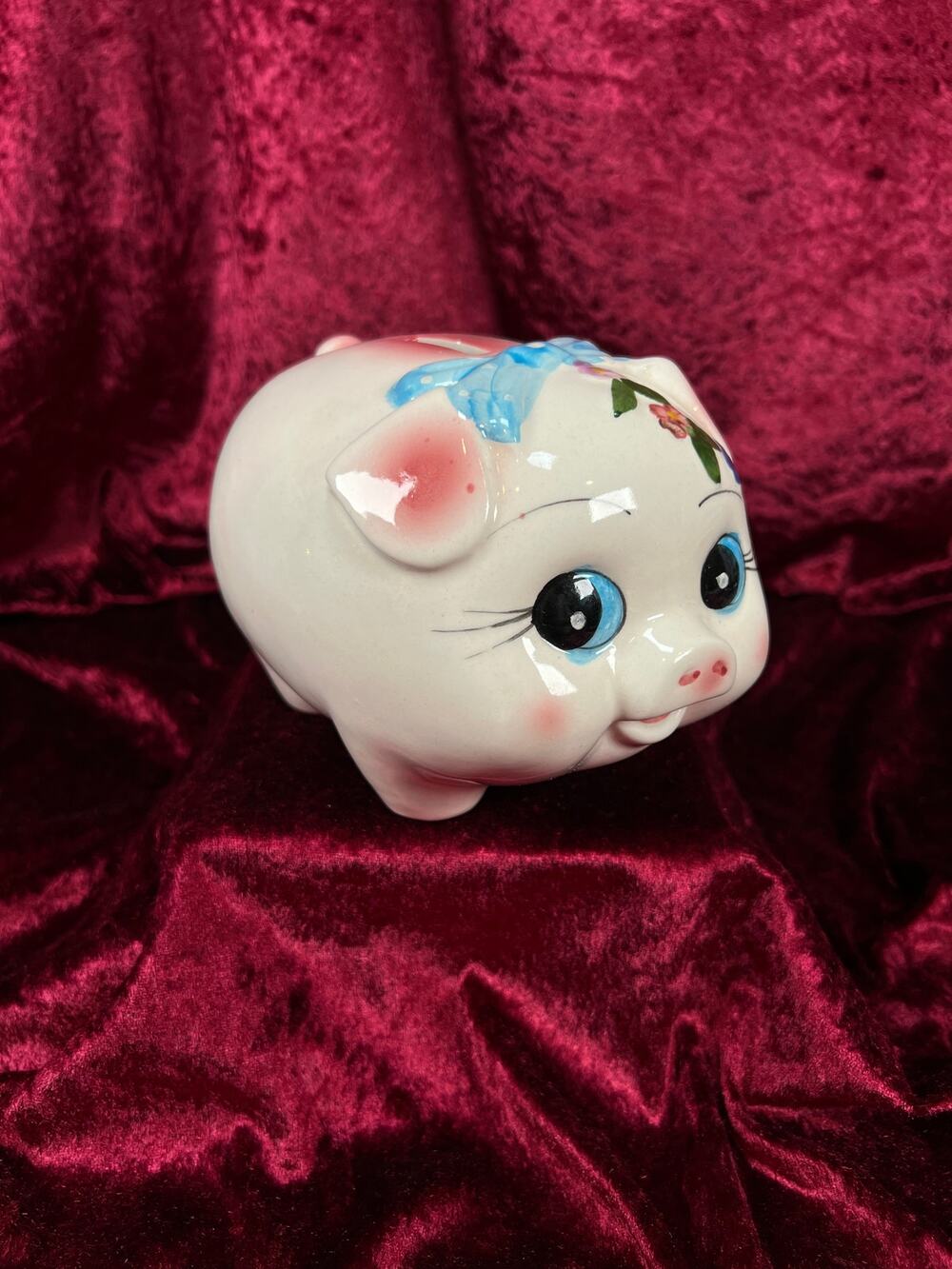 Vintage Ceramic Piggy Bank - Mid Century Anthropomorphic Blue Eyed Kitsch Pig